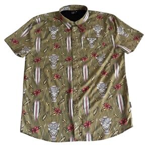 Psycho Tuna 2XL Green Tiki Surf Back Vents Lightweight Men's Button Up Shirt